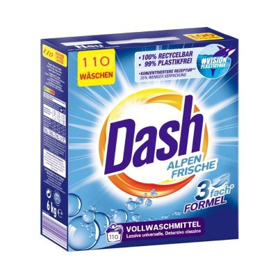 Сух прах за пране Dash Alpen Frische бялоПроизход: Германия  Подходящ за: Бяло пране  Разфасовка: 5,5 кг  Брой пранета: 110  Температурен диапазон: 20°C – 95°C  Аромат: Свеж, вдъхновен от алпийски въздухПроизход: Германия  Подходящ за: Бяло пране  Разфасо
